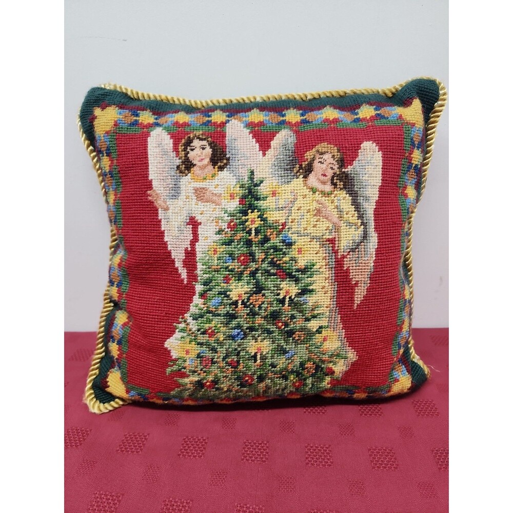 VTG Needlepoint Christmas Throw Pillow 14"X14" Angels & Tannenbaum Wool & Velvet